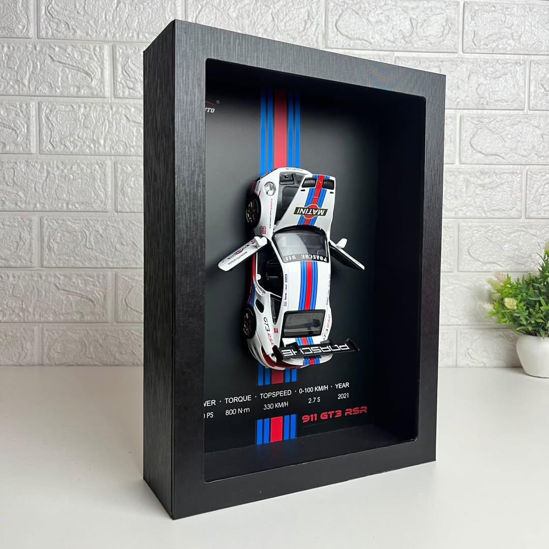 Premium Wooden Porsche 3D Car Frame Wall Decor Diecast Metal Car Interactive Wall Decor with Openable Doors, Pull Back Display Car
