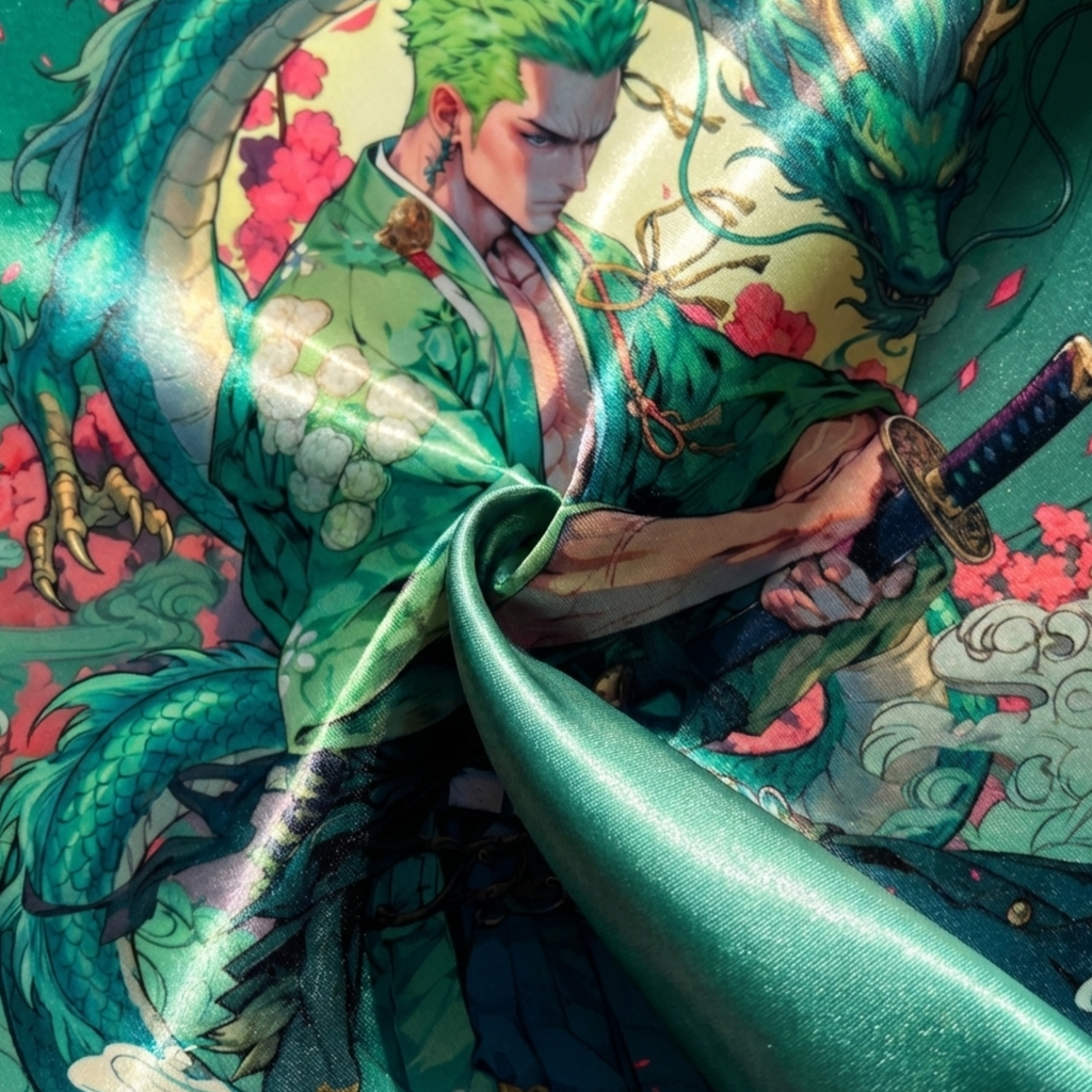 Anime-style green-haired swordsman holding a katana with a dragon backdrop wall tapestry