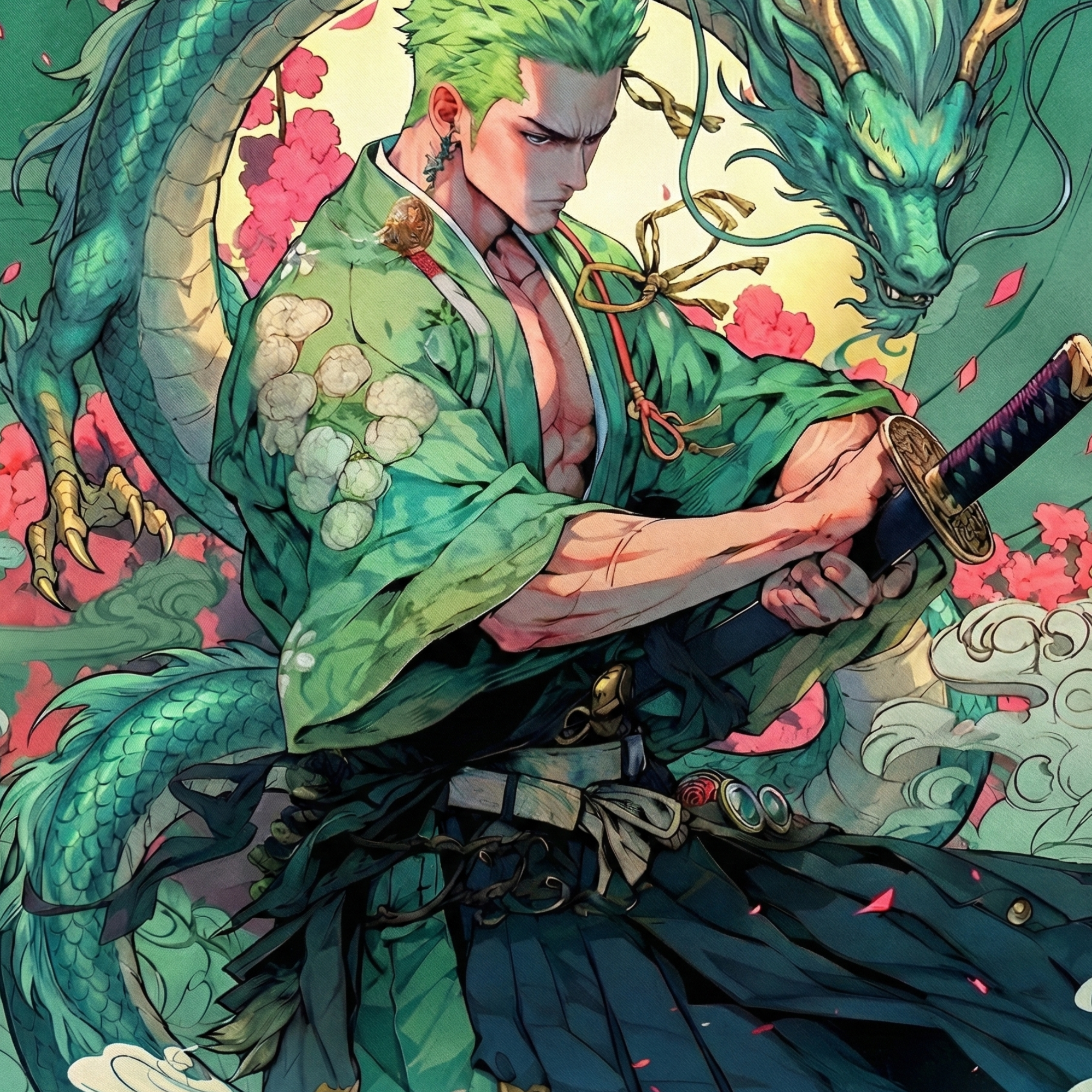 Anime-style green-haired swordsman holding a katana with a dragon backdrop wall tapestry