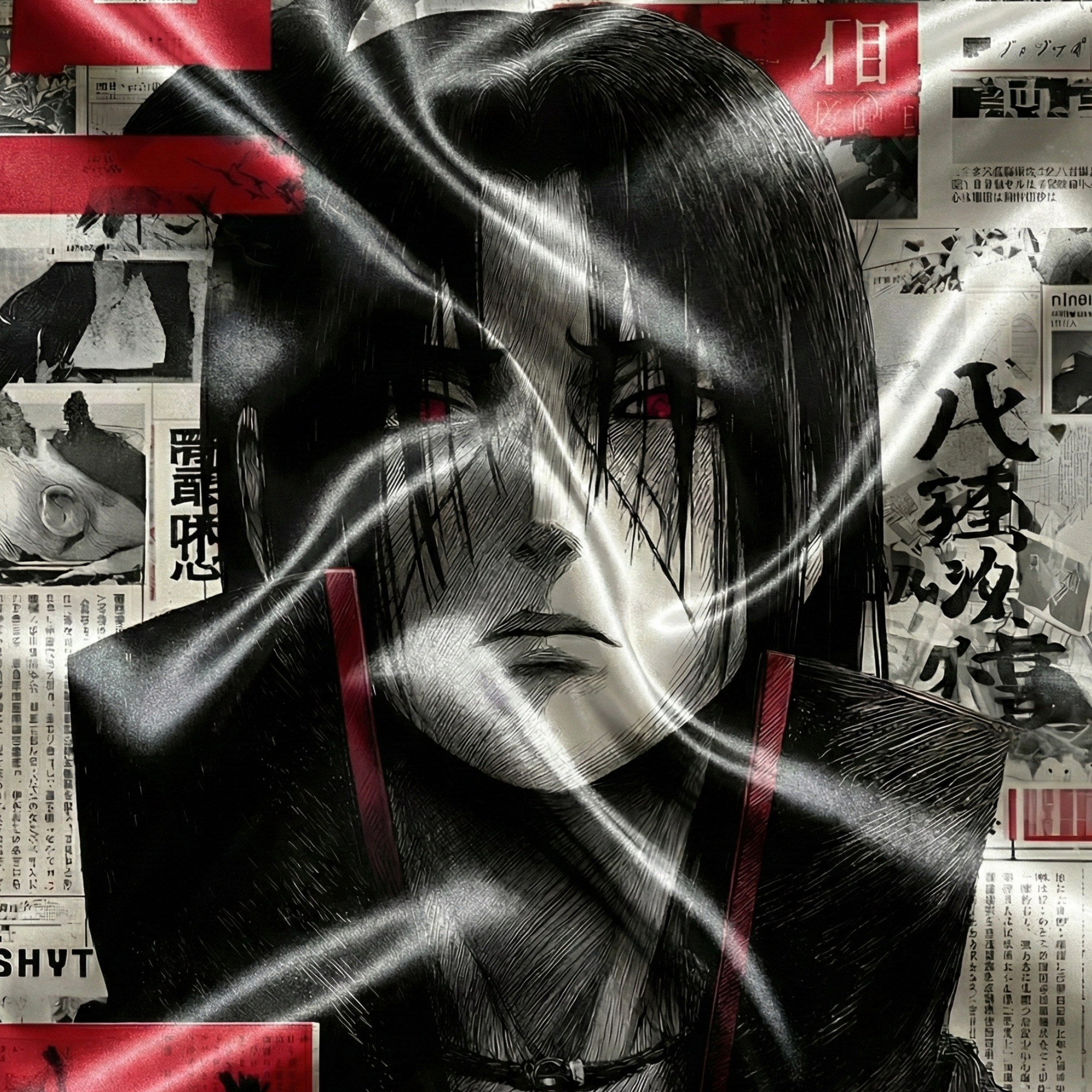 Itachi Uchiha | Dark anime red-eyed ninja wall tapestry black and red theme