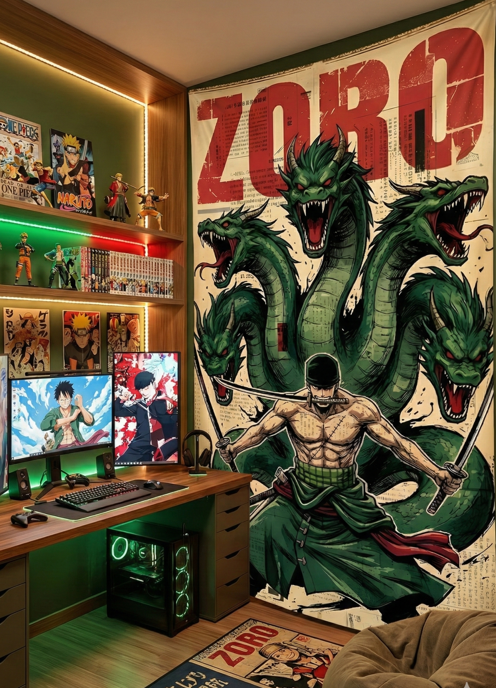 Anime swordsman wall tapestry with multi-headed dragon design in a green-themed gaming room