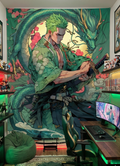 Anime-style green-haired swordsman holding a katana with a dragon backdrop wall tapestry