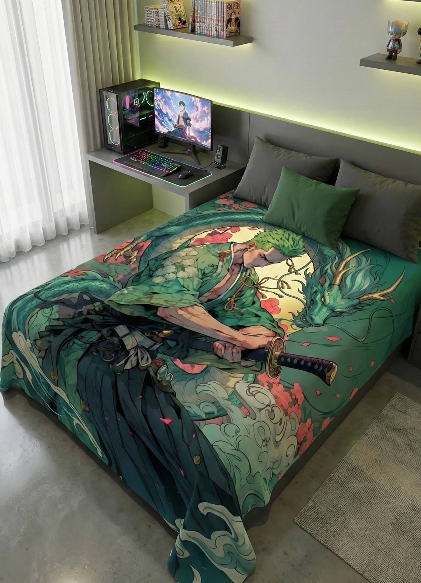 Anime-style green-haired swordsman holding a katana with a dragon backdrop wall tapestry