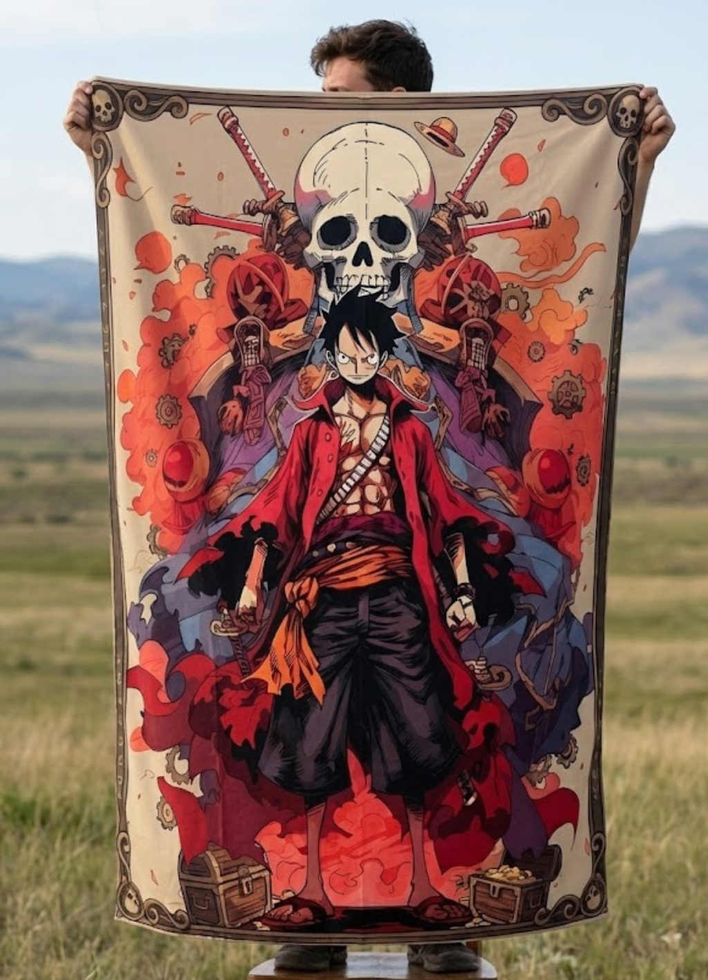 Monkey D. Luffy Skull Emblem – One Piece Style Wall Tapestry Home Bedroom Living Room (Multicolor)