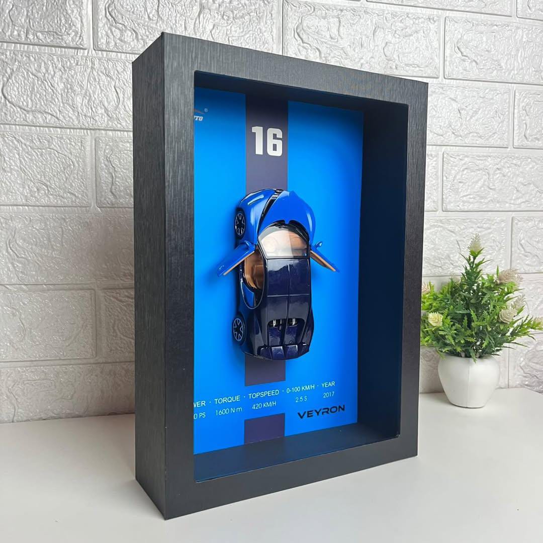 Premium Wooden Blue 3D Car Frame Wall Decor Diecast Metal Car Interactive Wall Decor with Openable Doors, Pull Back Display Car