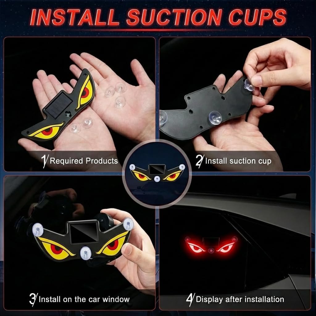 Demon Fiery Eye LED Light - Devil Eyes Car Window Light for Windshield, Car Eyes Animated led, Wireless, Solar and USB Powered Devil Eyes Warning Lights