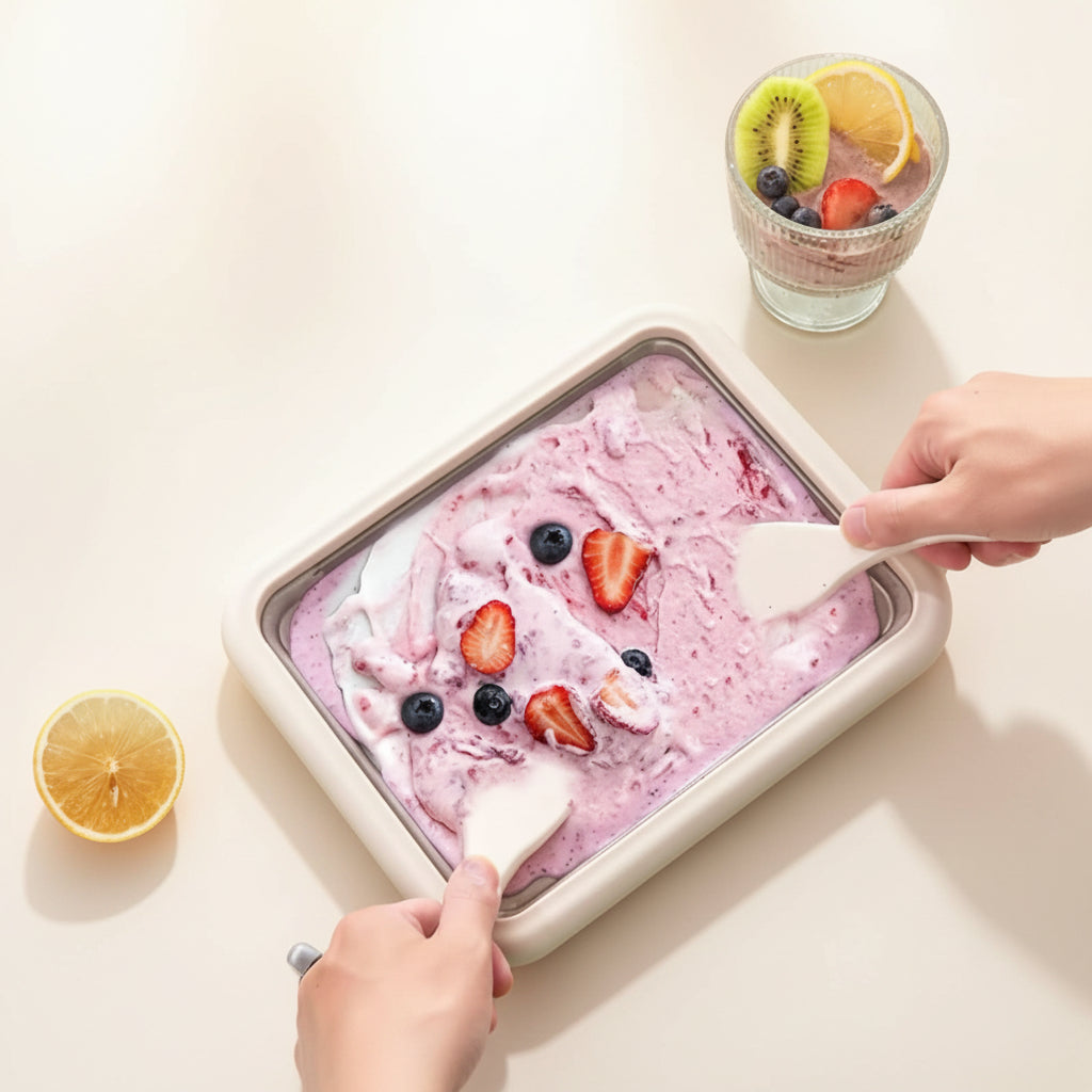 Instant Ice Cream Maker Tray with Scraper, Manual Roll Pan for Frozen Yoghurt and Desserts
