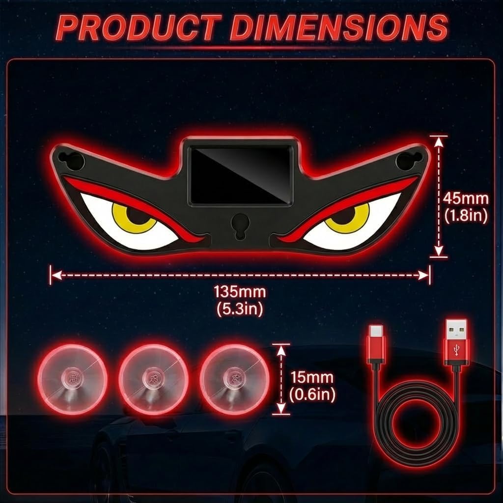 Demon Fiery Eye LED Light - Devil Eyes Car Window Light for Windshield, Car Eyes Animated led, Wireless, Solar and USB Powered Devil Eyes Warning Lights