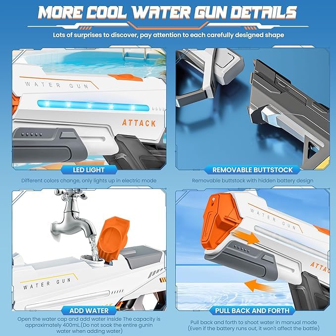447 Attack Electric Water Gun with LED Lights, Automatic Continuous Spray Water Blaster Toy for Kids & Teens, High-Pressure Battery Operated Water Shooting Gun (Random Colour) Holi Fun / Holi Festival / Holi Special / Children / Toys