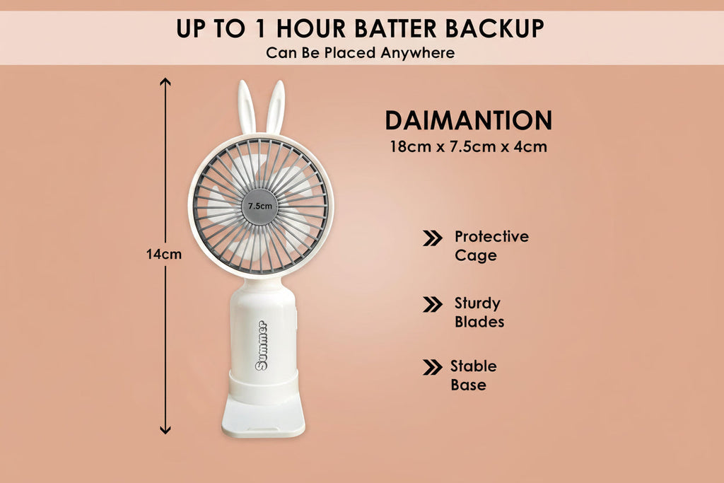 Mini Portable Handheld Fan with Base come with 2 Speed Mod 7 Different Light Use For Office/Market/Travel 1hr Bettery Backup