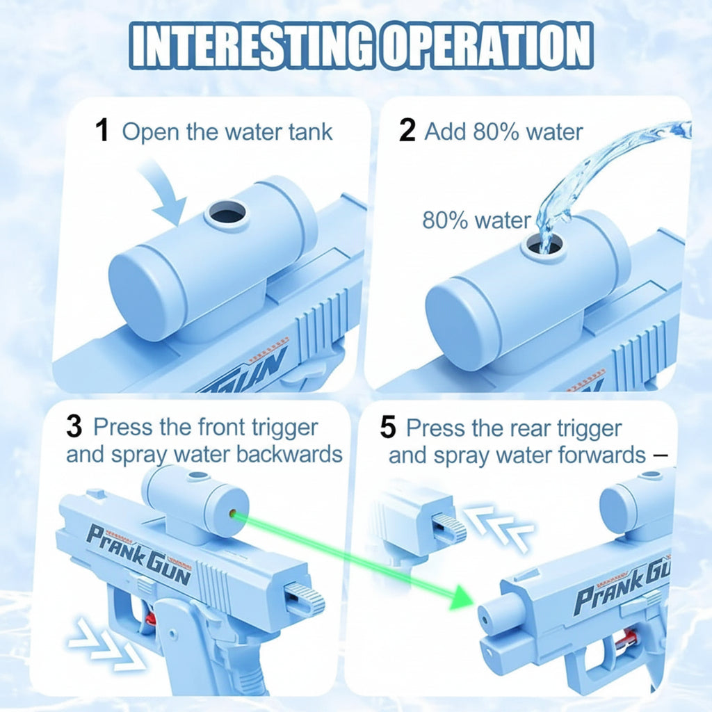 Prank Reverse Water Gun Two Way Front and Rear, Double Spray Squirt Gun Toy for Kids and Adults Ideal for Summer, Pool, Beach