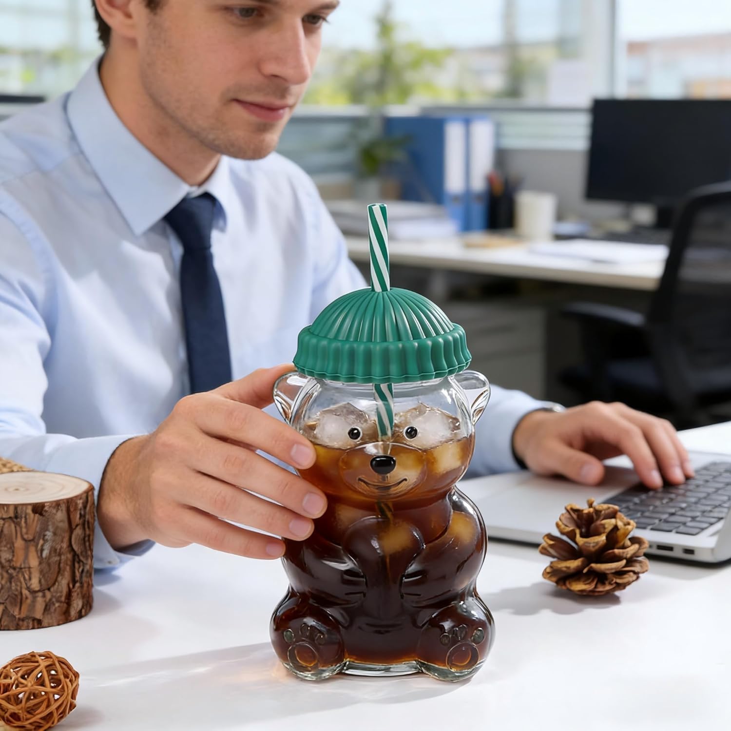 Teddy Bear Glass Cup With Straw for Smoothies, Boba & Iced Coffee