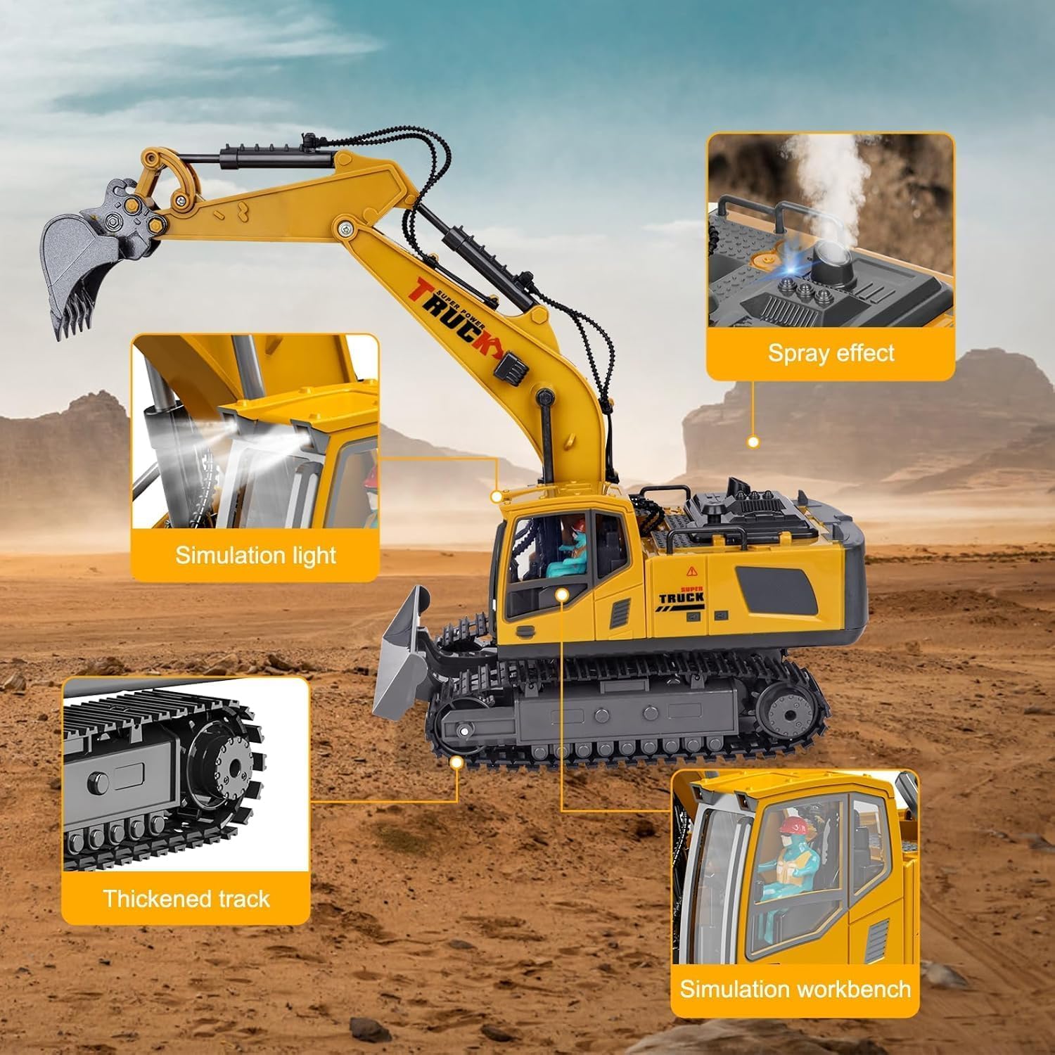 RC Metal Excavator, 13-channel with metal shovel, Smoke, Sound & Lights & 680° Rotation Vehicle for Boys & Adults