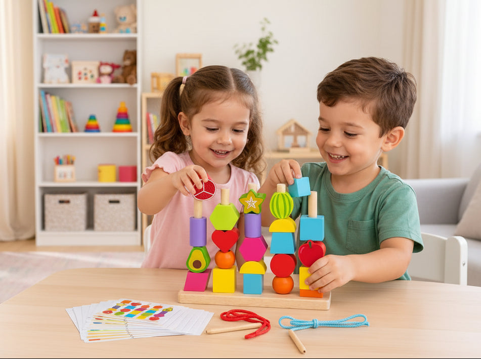 2-in-1 Wooden Montessori Shape Stacking and Lacing Threading Toys for Toddlers Fine Motor Skills Development Wooden Stacking Blocks, Lacing Beads
