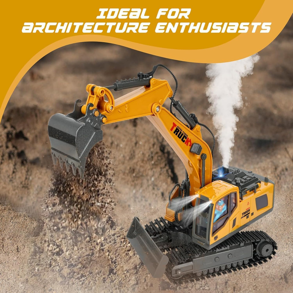 RC Metal Excavator, 13-channel with metal shovel, Smoke, Sound & Lights & 680° Rotation Vehicle for Boys & Adults