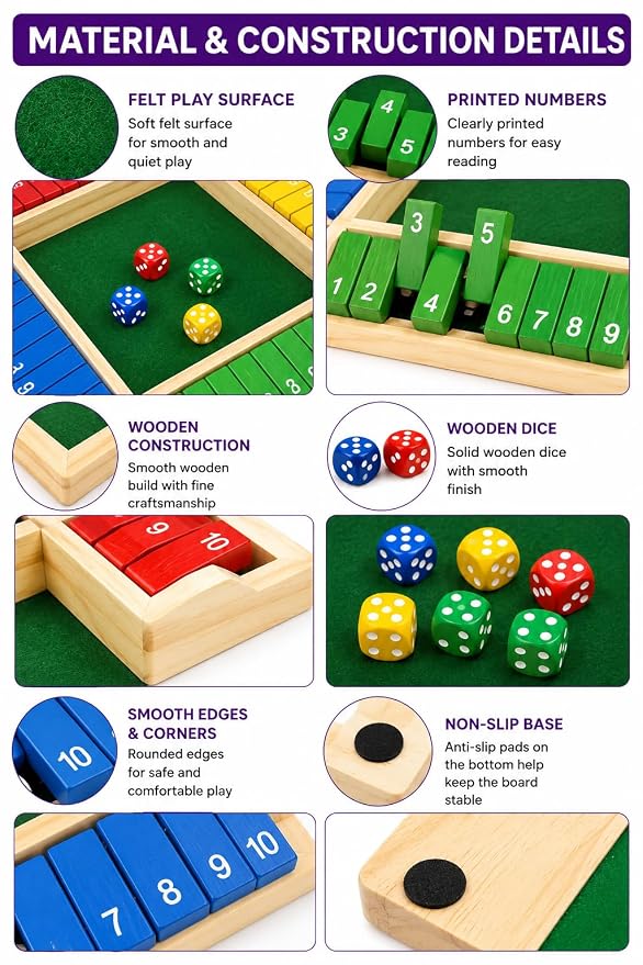 Wooden 8 Dice Shut The Box Color full Board Game for Kids & Family, 4 Player Color Edition Dice Game, Educational Math Learning Toy, Strategy Indoor Game & Birthday Gift for Boys & Girls [Color Edition]