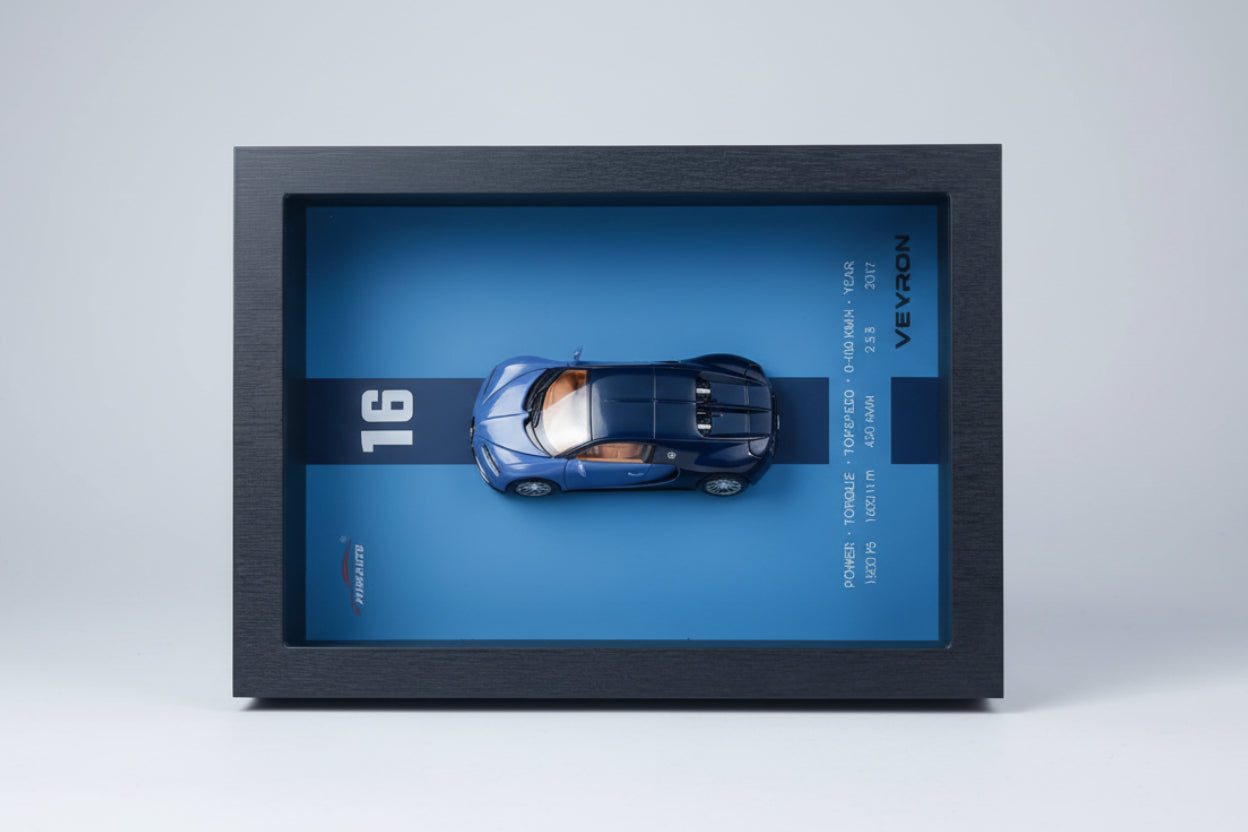 Premium Wooden Blue 3D Car Frame Wall Decor Diecast Metal Car Interactive Wall Decor with Openable Doors, Pull Back Display Car