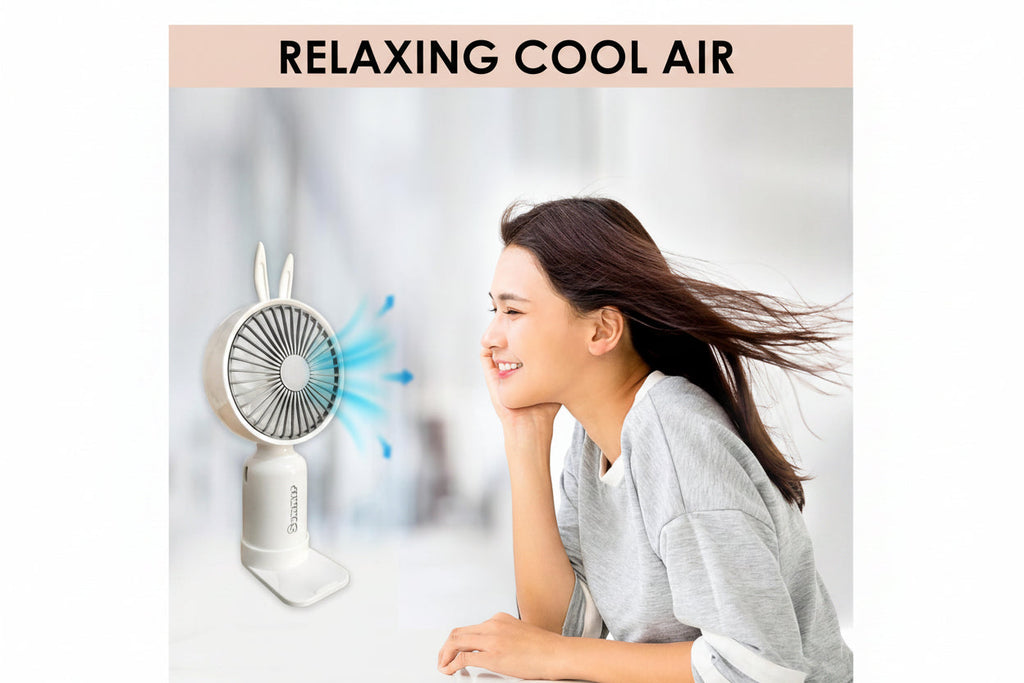 Mini Portable Handheld Fan with Base come with 2 Speed Mod 7 Different Light Use For Office/Market/Travel 1hr Bettery Backup