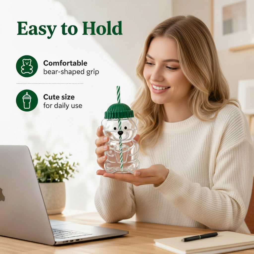 Teddy Bear Glass Cup With Straw for Smoothies, Boba & Iced Coffee
