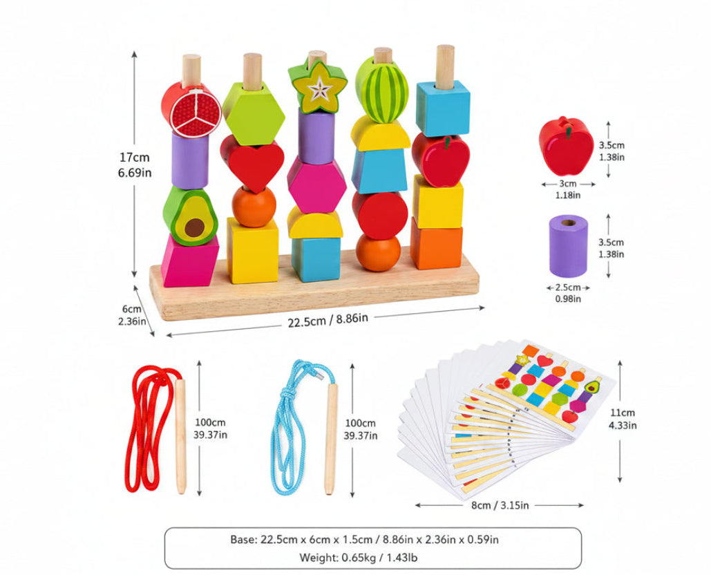 2-in-1 Wooden Montessori Shape Stacking and Lacing Threading Toys for Toddlers Fine Motor Skills Development Wooden Stacking Blocks, Lacing Beads