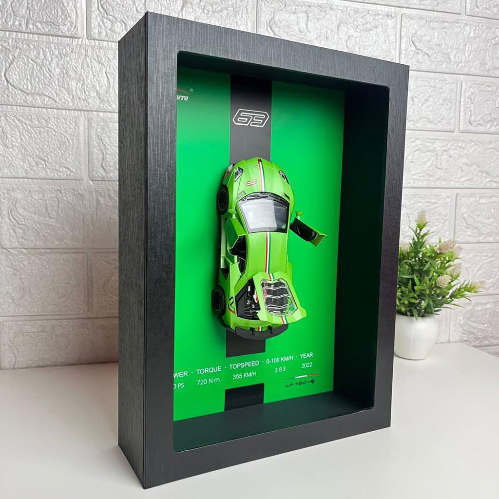 Premium 3D Green Car Wooden Frame Wall Art Diecast Model Metal Car Interactive Wall Decor with Openable Doors, Pull Back Display Car