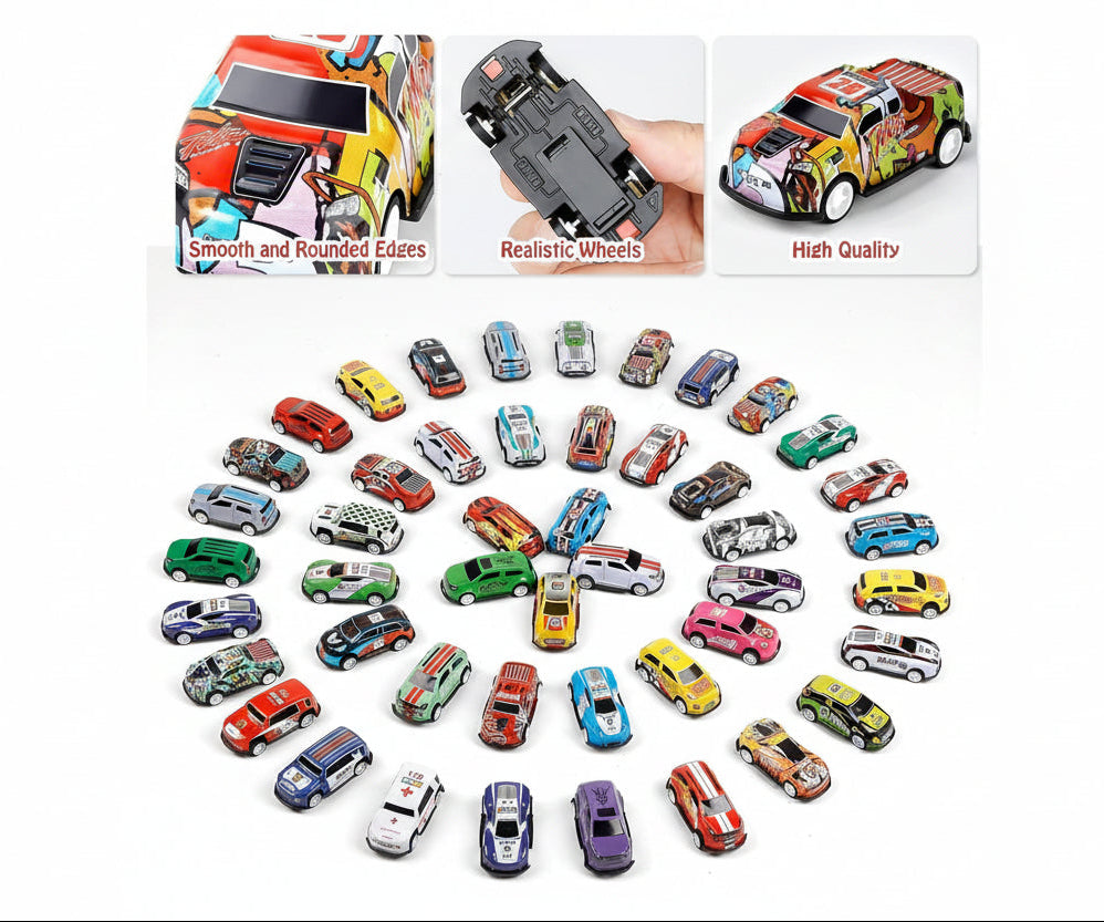 48 Pcs Pull Back Mini Car Toy Set with Container Storage||Goodie Bag Stuffers Mini Cars Party Favors for Kids Boys and Girls