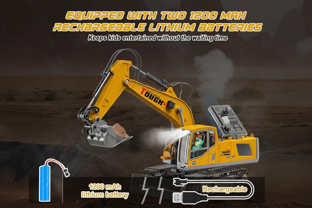 RC Metal Excavator, 13-channel with metal shovel, Smoke, Sound & Lights & 680° Rotation Vehicle for Boys & Adults