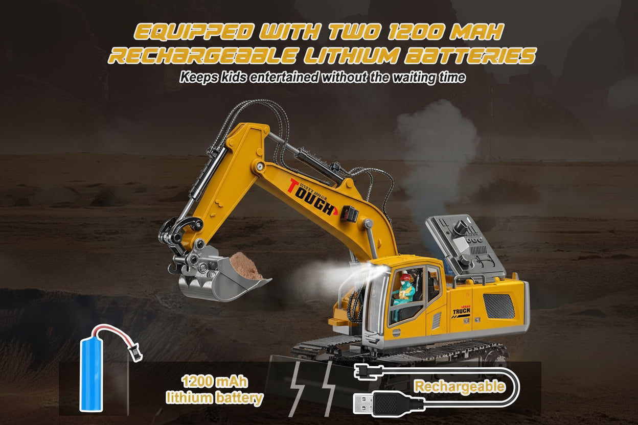 RC Metal Excavator, 13-channel with metal shovel, Smoke, Sound & Lights & 680° Rotation Vehicle for Boys & Adults