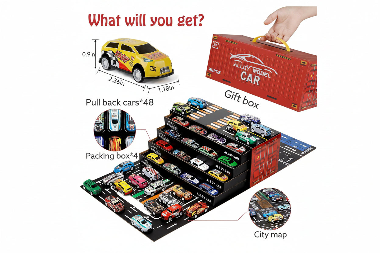 48 Pcs Pull Back Mini Car Toy Set with Container Storage||Goodie Bag Stuffers Mini Cars Party Favors for Kids Boys and Girls