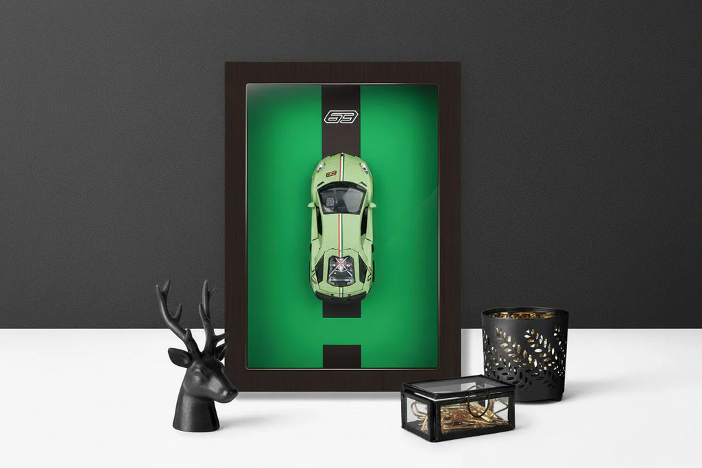 Premium 3D Green Car Wooden Frame Wall Art Diecast Model Metal Car Interactive Wall Decor with Openable Doors, Pull Back Display Car
