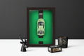 Premium 3D Green Car Wooden Frame Wall Art Diecast Model Metal Car Interactive Wall Decor with Openable Doors, Pull Back Display Car