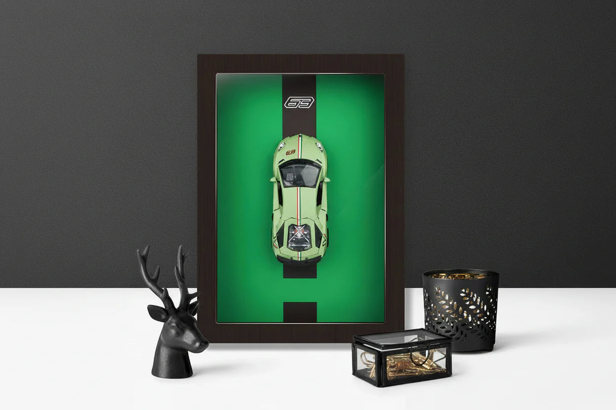 Premium 3D Green Car Wooden Frame Wall Art Diecast Model Metal Car Interactive Wall Decor with Openable Doors, Pull Back Display Car