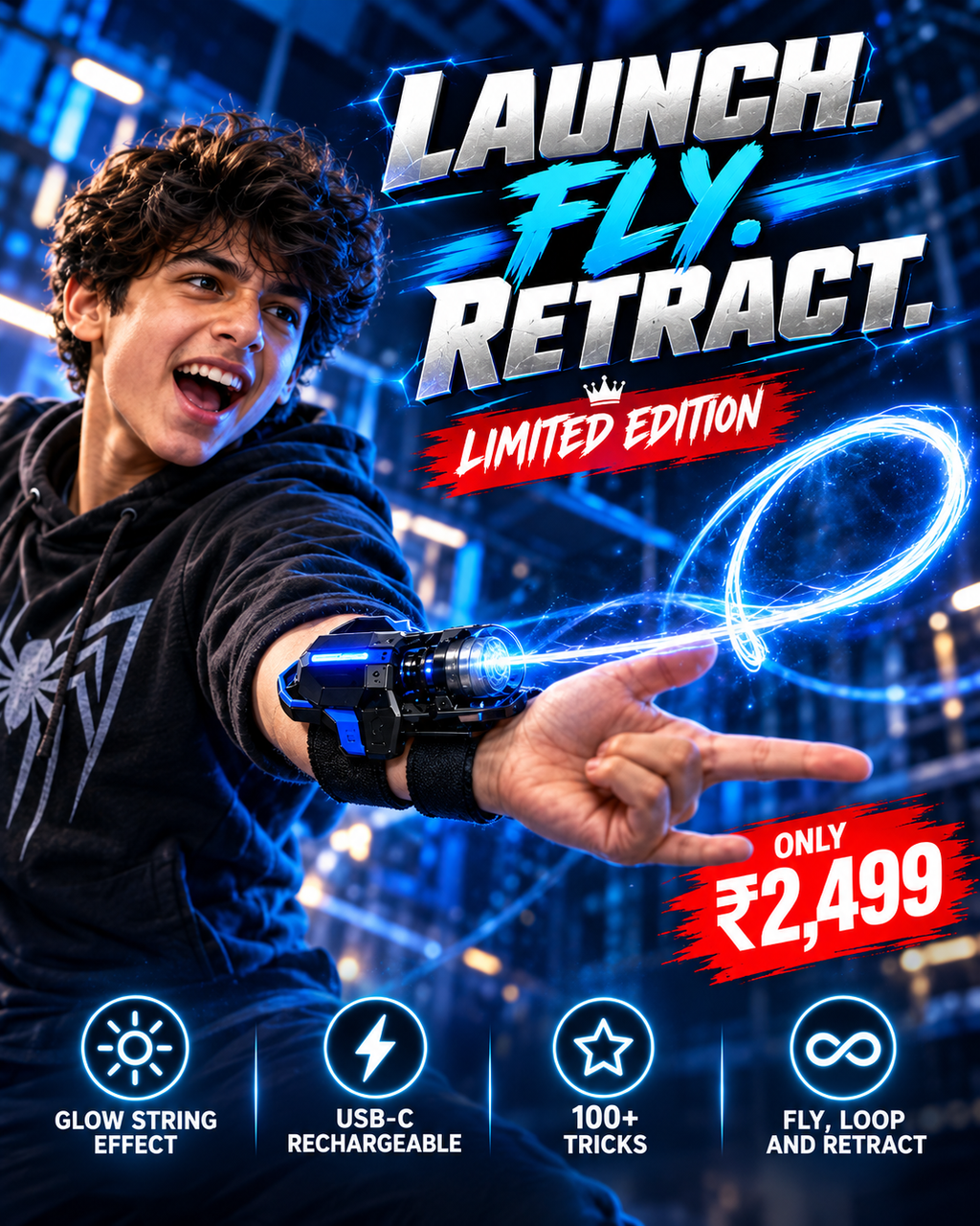 Spider Web String Shooter Toy – Limited Edition | Rechargeable Flying Web Launcher, Glow in the Dark Superhero Gadget