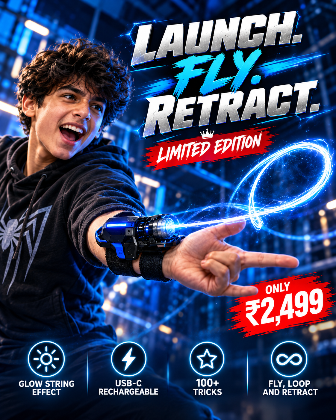 Spider Web String Shooter Toy – Limited Edition | Rechargeable Flying Web Launcher, Glow in the Dark Superhero Gadget