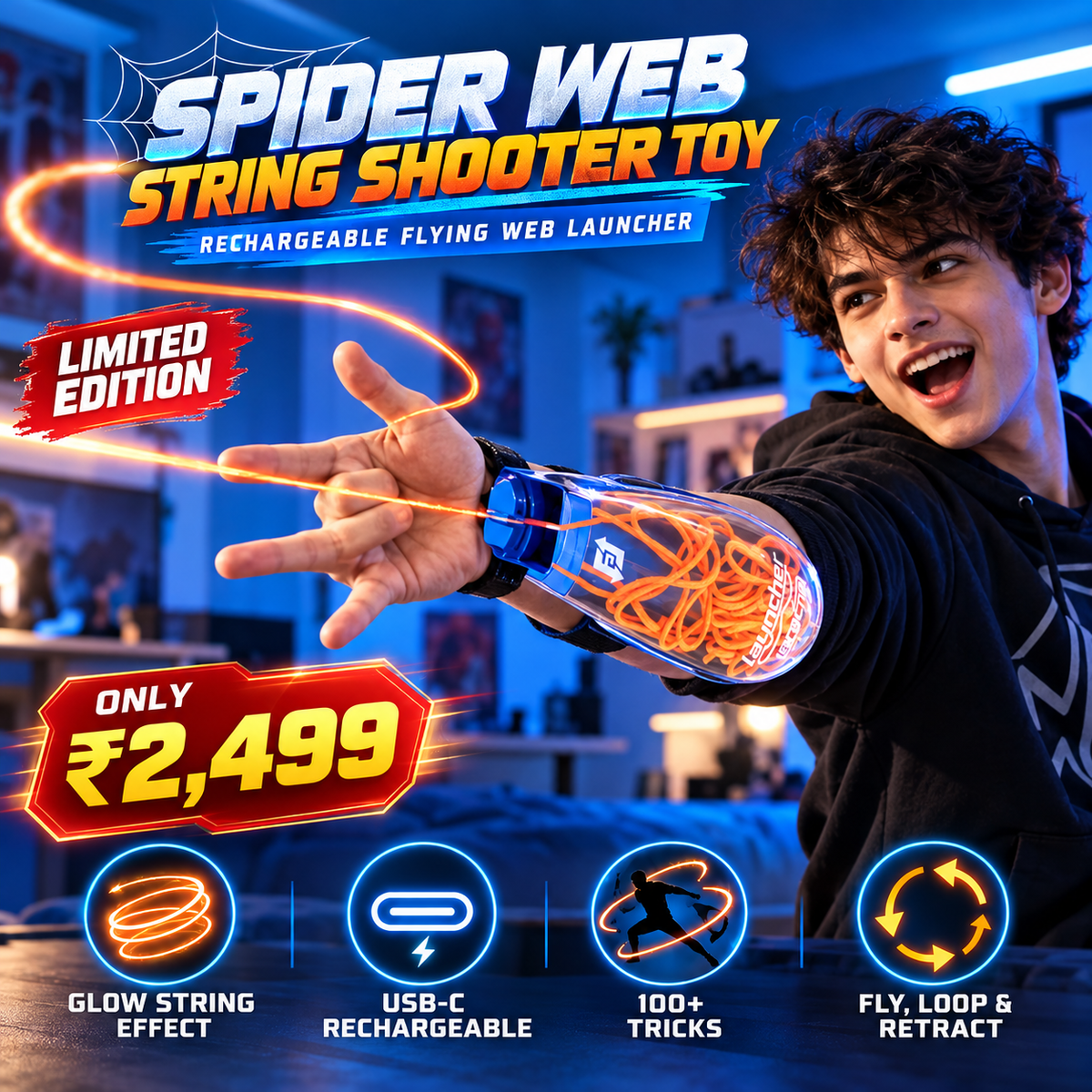 Spider Web String Shooter Toy – Limited Edition | Rechargeable Flying Web Launcher, Glow in the Dark Superhero Gadget