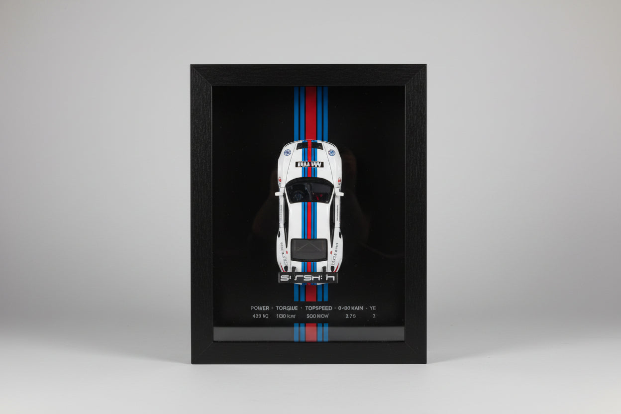 Premium Wooden Porsche 3D Car Frame Wall Decor Diecast Metal Car Interactive Wall Decor with Openable Doors, Pull Back Display Car