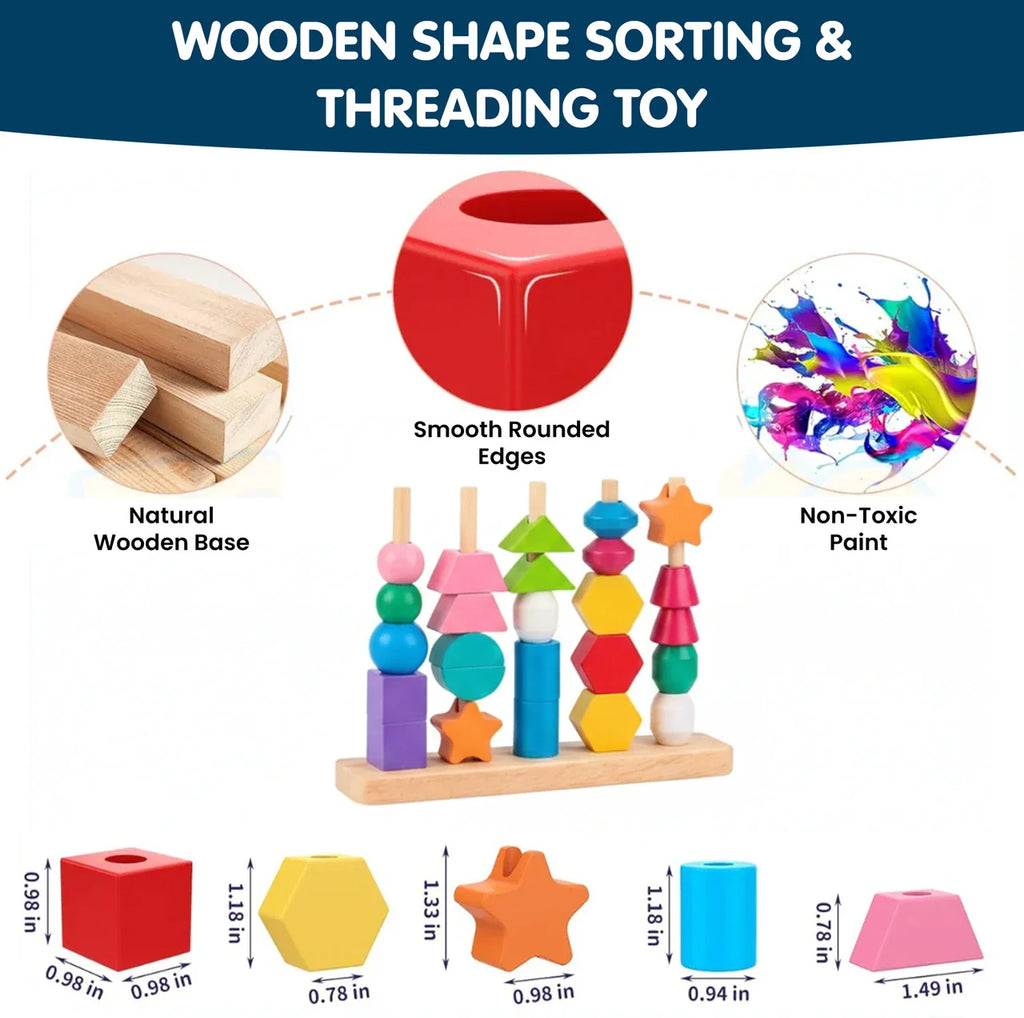 2-in-1 Wooden Montessori Shape Stacking and Lacing Threading Toys for Toddlers Fine Motor Skills Development Wooden Stacking Blocks, Lacing Beads