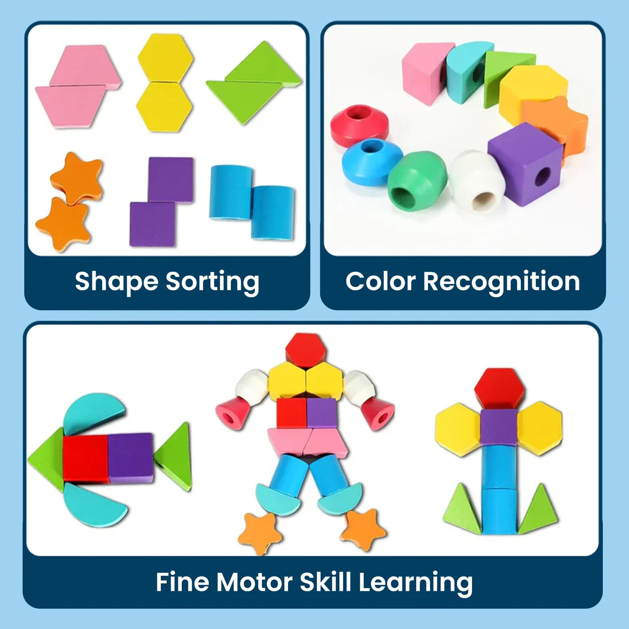 2-in-1 Wooden Montessori Shape Stacking and Lacing Threading Toys for Toddlers Fine Motor Skills Development Wooden Stacking Blocks, Lacing Beads