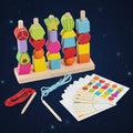 2-in-1 Wooden Montessori Shape Stacking and Lacing Threading Toys for Toddlers Fine Motor Skills Development Wooden Stacking Blocks, Lacing Beads