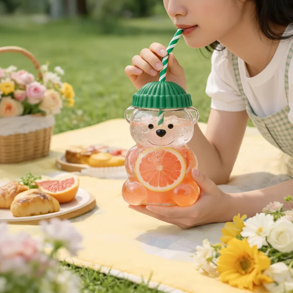 Teddy Bear Glass Cup With Straw for Smoothies, Boba & Iced Coffee